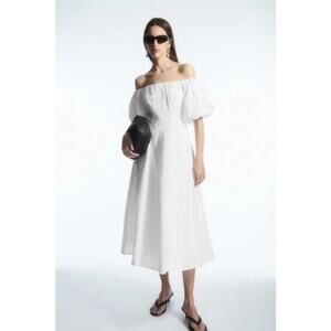 Cos dress Off-The-Shoulder Puff-Sleeve Midi white Linen coastal cottage size 4